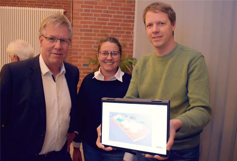 Zwei Männer und eine Frau zeigen etwas auf einem Laptop