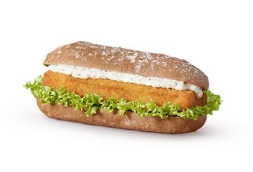 Sieht aus wie ein Fischbrötchen, ist aber gar keines: Im Backvisch stecken Reis, Weizen und Hülsenfrüchte.