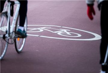 Ein Fahrradfahrer befährt eine Fahrradstraße am Aasee in Münster. 