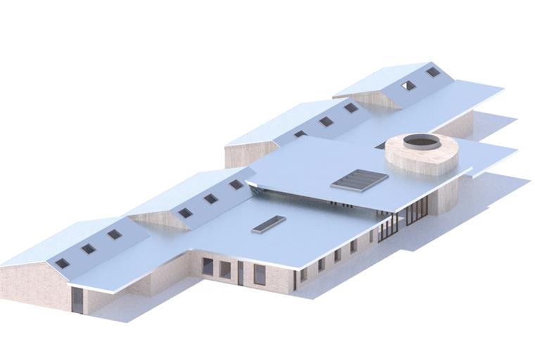So könnte auch in neuer Holzbauweise das Bremerhavener Hospiz aussehen: Die Zimmer für die Bewohner liegen auf der linken Seite (unter den Satteldächern), der Blick geht von dort in Richtung Nordosten auf den alten Baumbestand auf dem Grundstück. Architektonischer Akzent ist der aus dem Flachdach herausragende "Raum der Stille" auf der rechten Seite. Darstellung: Spechtgruppe