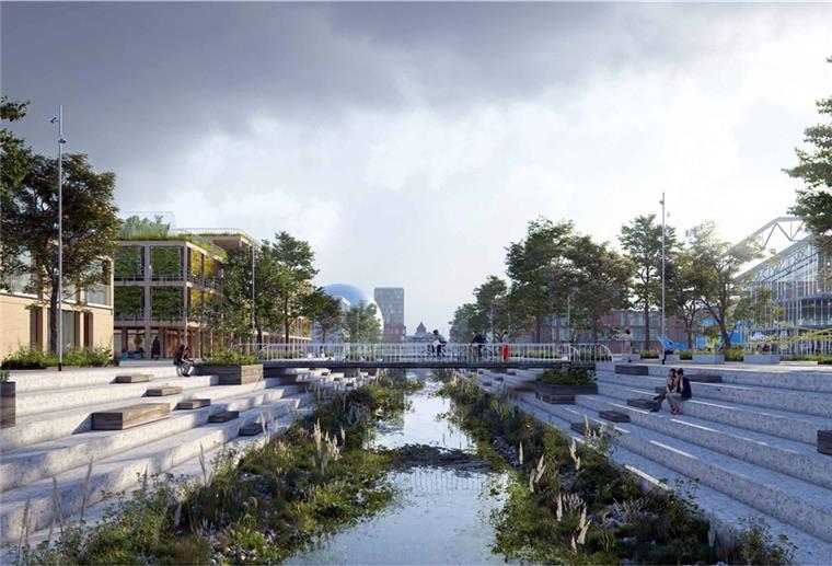 So könnte es einmal im Werftquartier aussehen: Wohnen, Forschen und Arbeiten am Wasser, Brücken für Radfahrer und Fußgänger verbinden die Bereiche quer. Viel Wert wird auf die Sichtachsen gelegt. Visualisierung: Cobe