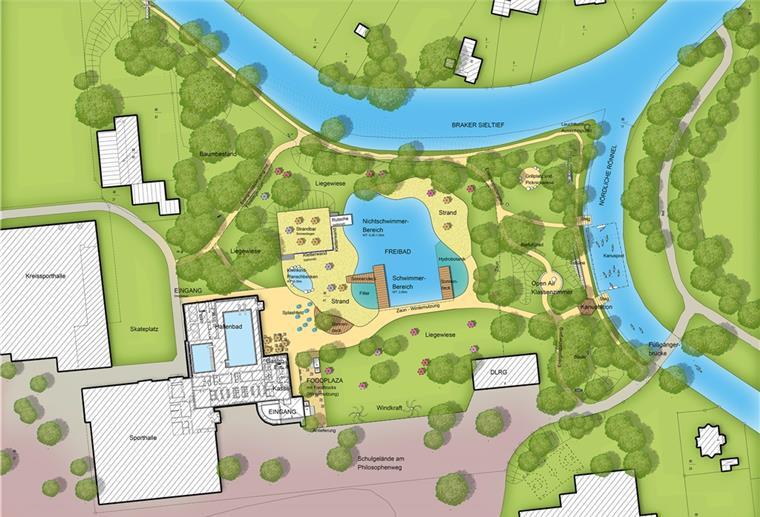 So könnte nach der überarbeiteten Planskizze ein Naturbad mit Bürgerpark auf dem ehemaligen Freibadgelände aussehen.