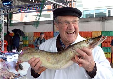 So sah es bei der Fischparty 2015 aus: Der frühere Fischhändler Heinz Leifheit zeigt den Besuchern einen Seehecht.