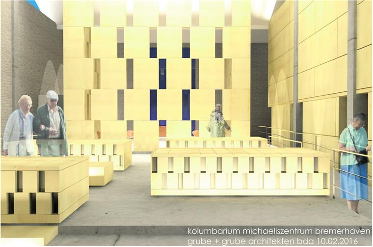 So sehen die Entwürfe der Architektin Silke Grube für das neue Kolumbarium in der Michaeliskirche aus - alles aus schimmerndem Ahornholz. In der Mitte der schließbare Kubus mit dem Altarraum.