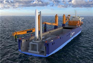 Computergrafik zeigt eine Rakete auf einer Plattform im Meer.