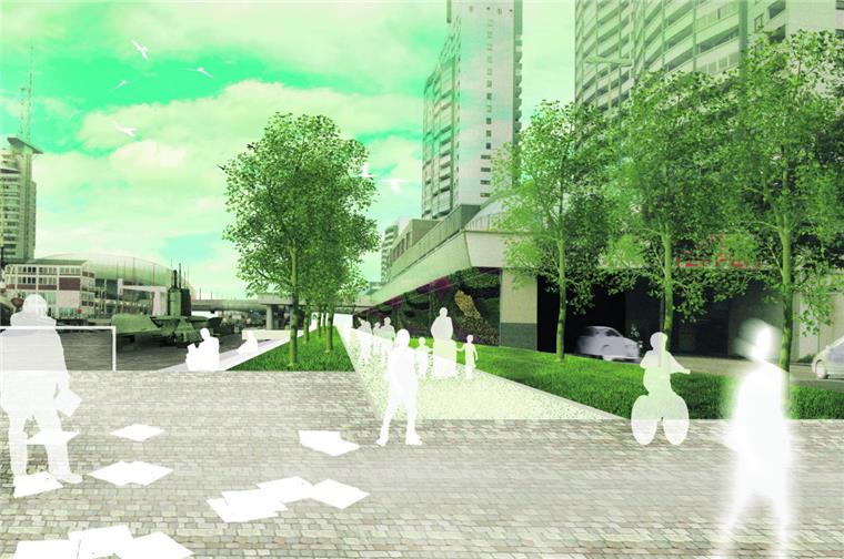 So sieht die Zukunftsvision von der zurückgebauten Columbusstraße aus: Der Autoverkehr fließt nur noch zweispurig unter dem Columbus-Center hindurch, der dadurch gewonnene Freiraum wird zu einem grünen Boulevard für Fußgänger und Radfahrer. Auf der Columbusstraße herrsche nicht mehr Verkehr als auf der Schiffdorfer Chaussee, sagen die Planer. Deswegen sei solch ein radikaler Schritt durchaus denkbar.  Grafik Gartenbauamt