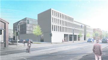 So soll das Dienstleistungszentrum mit Supermarkt, Biomarkt, Büros und Parkhaus an der Barkhausenstraße aussehen. Binnen zwei Jahren muss gebaut werden.