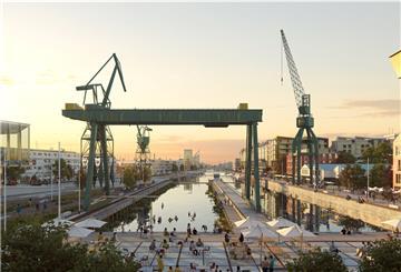 So soll das Herzstück des neuen Werftquartiers auf dem ehemaligen Gelände der Seebeckwerft aussehen. Visualisierung: Cobe