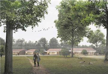 So soll das Hospiz am Jägerhof aussehen, aus viel Holz und glas, eingebettet in die Natur mit ihrem alten Baumbestand und Wiesen. Auf dem 7000 Quadratmeter großen Außenareal will die Specht-Gruppe nun auch eine Krippe mit 40 Plätzen errichten.