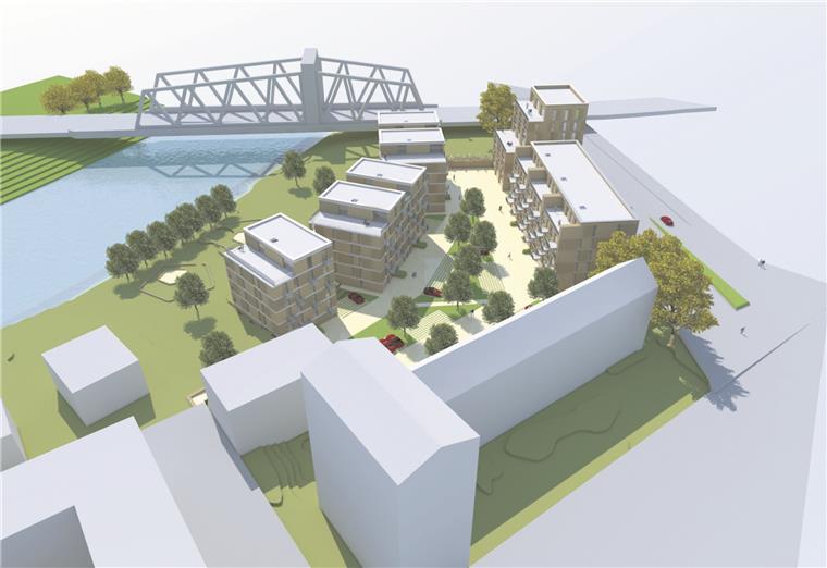 So soll das neuen Wohnprojekt am Leher Tor aussehen: Links die „Wasserhäuser“ direkt an der Geeste, rechts am Geestheller Damm Atelierwohnungen und ein siebengeschossiger Hochbau, mit dem am Einfallstor zur Innenstadt ein Ausrufezeichen gesetzt werden soll.