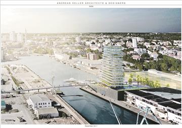So soll das Wohnhochhaus auf einer Landzunge der früheren Seebeckwerft in Blickrichtung Innenstadt aussehen. Die Fußgängerbrücke würde es direkt mit Geestemünde (rechts) verbinden und in Richtung Schaufenster Fischereihafen weiterleiten.