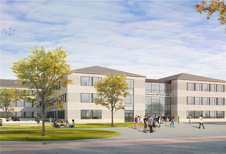 Schulneubau in Bremervörde für 75 Millionen Euro So soll der rund 75 Millionen Euro teure Neubau von Gymnasium (rechts) und BBS Bremervörde (links) aussehen. Die Visualisierung zeigt unter anderem den künftigen gemeinsamen Eingangsbereich der Schulen (Glasfront), der als Verbindung zwischen den beiden Neubauten fungieren wird. Zunächst wird der Gymnasium-Neubau errichtet, danach das alte Gymnasium abgerissen und die neue BBS gebaut.