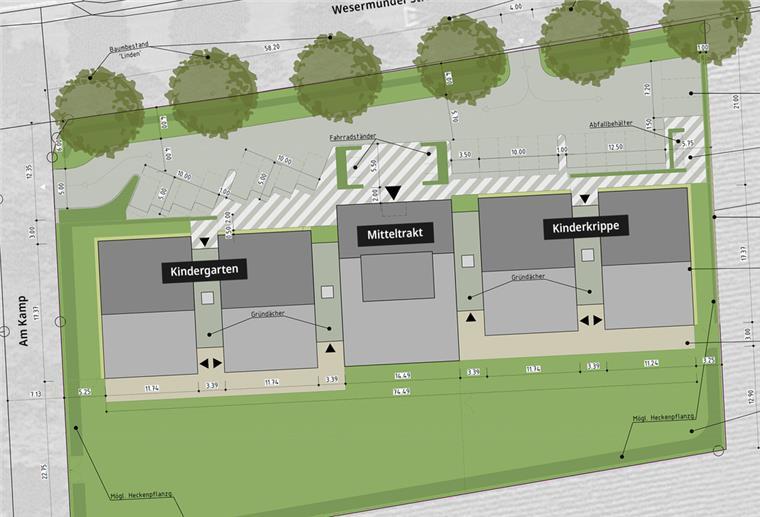 So soll die neue Kita in Wehdel einmal aussehen. Die Zufahrt soll von der Wesermünder Straße erfolgen, die Ausfahrt über die Straße Am Kamp.