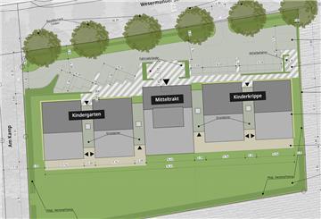 So soll die neue Kita in Wehdel einmal aussehen. Die Zufahrt soll von der Wesermünder Straße erfolgen, die Ausfahrt über die Straße Am Kamp.