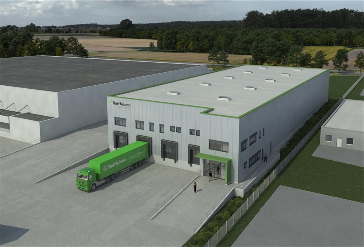 Für Raiffeisen wird eine Straße verlagert So soll es aussehen, das neue Zentrallager der Raiffeisen Weser-Elbe eG im Gewerbegebiet Debstedt. Geplant ist eine Investition von 4,5 bis 5 Millionen Euro.