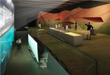 Die Visualisierung zeigt einen Raum der geplanten Erlebnis-Ausstellung Bluehouse auf der Hochseeinsel Helgoland. Die Ausstellung soll neuer Anziehungspunkt auf der Nordseeinsel werden. 
