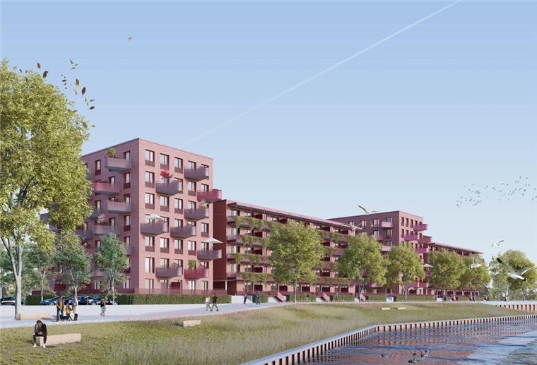 So sollen die beiden fünf- und zwei siebengeschossige Wohnhäuser unmittelbar an der Geeste aussehen. Der Entwurf stammt vom Architekturbüro Spengler & Wiescholek aus Hamburg.