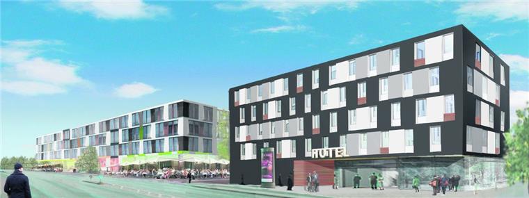So stellen sich die Investoren das 20-Millionen-Projekt an der Barkhausenstraße gegenüber der Stäwog-Zentrale vor: Rechts ein Zwei-Sterne-Hotel mit 85 Zimmern, links daneben ein Dienstleistungszentrum mit Lebensmittelmarkt und innen liegendem Parkhaus.  Entwurf Ulrich Salzmann