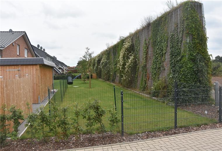 Gemeinde Tiste weist neues Baugebiet aus So wie hier in Zeven wird es bald auch entlang der Bahn im neuen Baugebiet in Tiste aussehen. Statt eines Erdwalls soll eine Steingitterwand den Lärm der Züge schlucken.