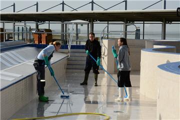 Spaß bei der Arbeit: Im Sonnenschein schrubben Birte Neumann (von links), Dirk Pape und Henrika Mittag den Boden des Entspannungsbeckens. Temperaturen über dem Gefrierpunkt sind die Voraussetzung für diese Arbeit. Denn bei Frost könnten die Fliesen beschädigt werden.  