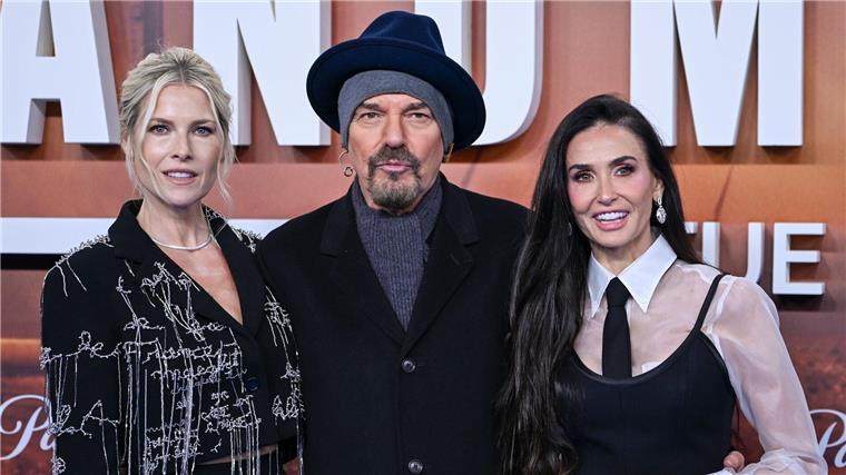 Stellten die neue Staffel der Serie „Landman“ in Berlin vor: Ali Larter (v.l.), Billy Bob Thornton und Demi Moore.