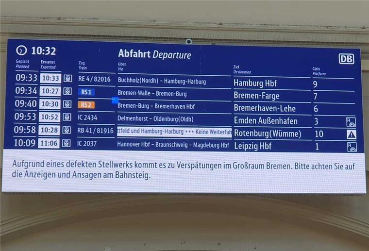 Stellwerkstörung in Bremen ist aufgehoben Stellwerkstörung sorgt am Bremer Hauptbahnhof für Durcheinander.