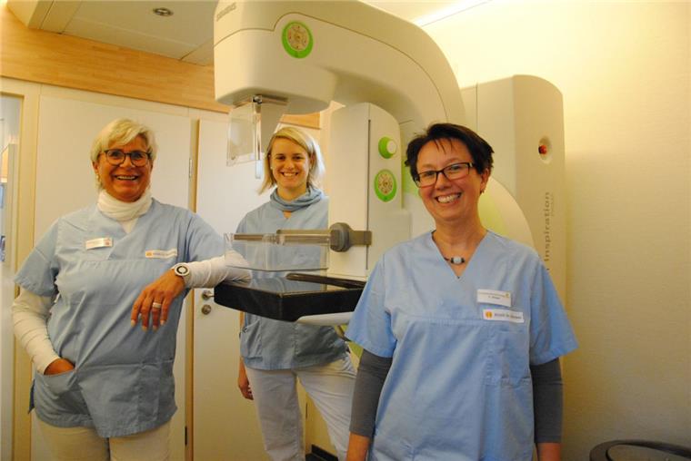 Stets fröhlich bei der Arbeit im Mammobil: Die Mitarbeiterinnen der Stader Klinik Dr. Hancken (von links): Petra Stabrey, Katharina Holste und Claudia Stüber röntgen, um Brustkrebs aufzuspüren.