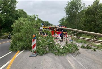 Sturmtief "Poly": Ein Baum stürzt im Bereich Grauwallring/Amerikaring/Cherbourger Straße auf die Fahrbahn.