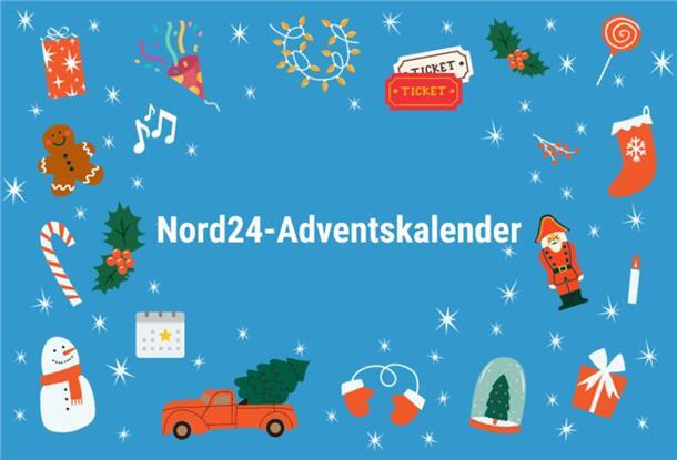 Nord24-Adventskalender steht auf blauem Hintergrund mit weihnachtlichen Motiven.