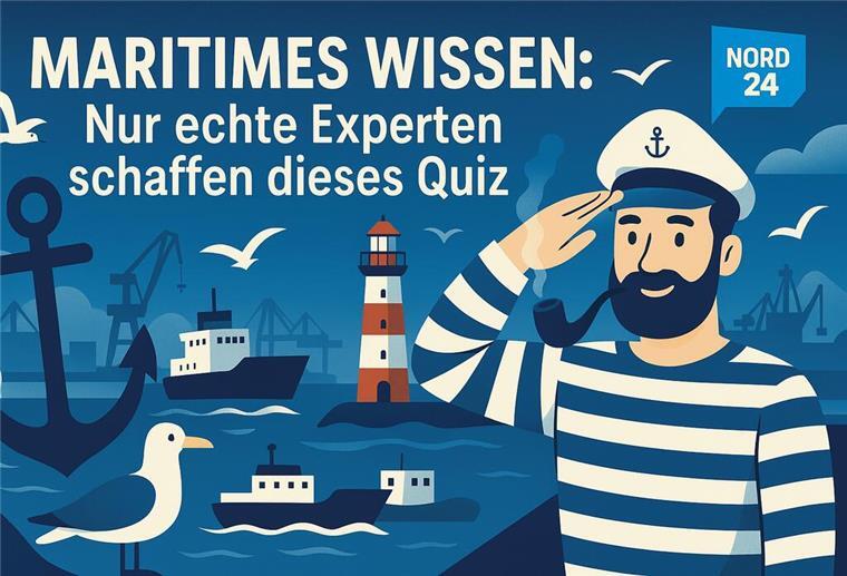 Eine Grafik mit maritimen Symbolen: Anker, Schiffe, Leuchtturm, Möwe, ein Kapitän