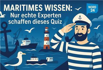 Eine Grafik mit maritimen Symbolen: Anker, Schiffe, Leuchtturm, Möwe, ein Kapitän