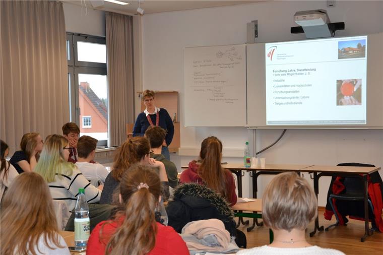 Tierärztin Dr. Kerstin Thies aus Heeslingen gibt den Elftklässlern beim Berufsinformationstag im St.-Viti-Gymnasium in Zeven Einblicke in ihren Praxisalltag. Zudem berichtet sie über das Studium der Tiermedizin und die unterschiedlichen Arbeitsbereiche.