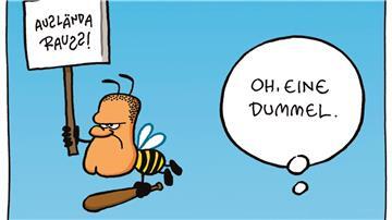 Titelbild mit einer Karikatur von Ralph Ruthe für die Wanderausstellung "Oh eine Dummel", die sich in Karikatur und Satire einem vor allem jugendgerechten Zugang zu den Themen Rechtsextremismus und Menschenfeindlichkeit widmet.