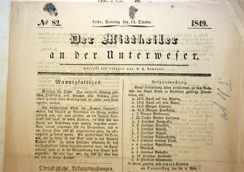 Titelblatt vom &quot;Mittheiler an der Unterweser&quot;. Foto Rabbel/Quelle Stad...