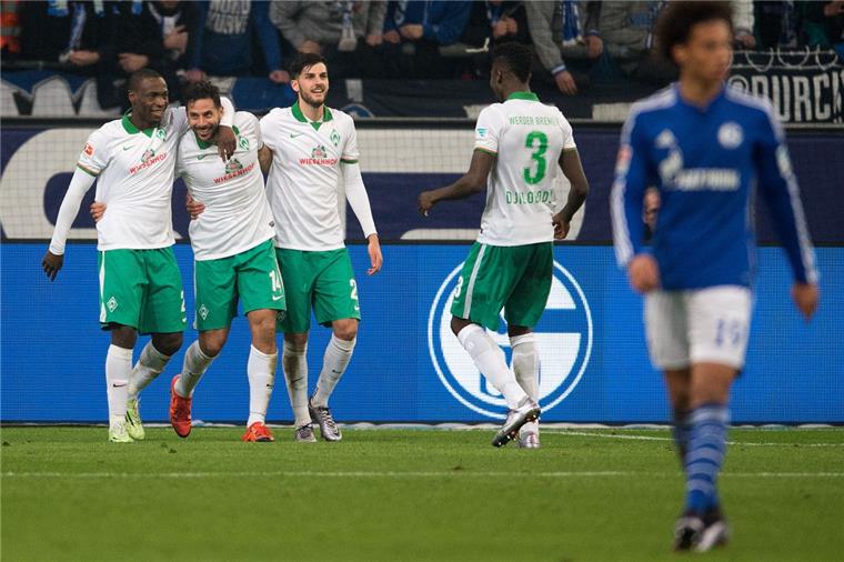 Werder-Oldies schocken Schalke Torschütze Claudio Pizarro (Mitte) bejubelt gemeinsam mit Anthony Ujah (links) und Florian Grillitsch das 2:1 für die Bremer. Auch Papy Djilobodji eilt herbei, um dem Werder-Oldie zu seinem Torerfolg zu gratulieren.