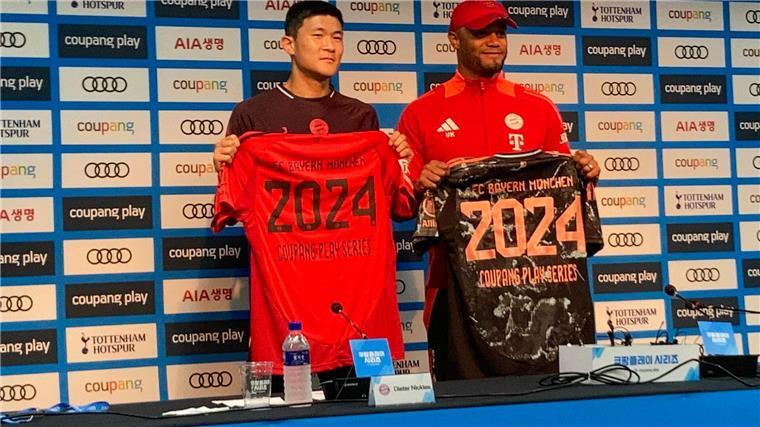 Kompany will „richtige Mentalität“ gegen Tottenham sehen Trainer Vincent Kompany (r) mit Bayerns Südkorea-Star Minjae Kim vor dem Testspiel gegen Tottenham.