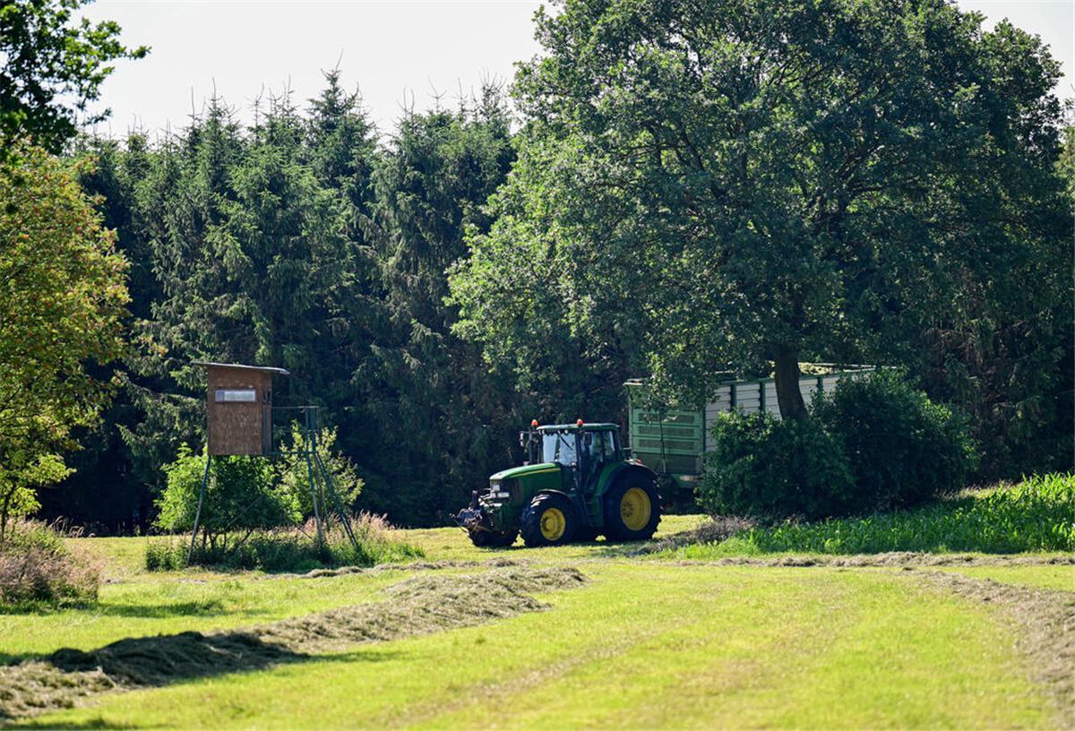 Ein Landwirt fährt mit Traktor über eine Wiese nahe dem Fundort einer Kinderleiche. 
