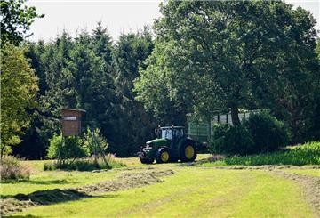  Ein Landwirt fährt mit Traktor über eine Wiese nahe dem Fundort einer Kinderleiche. 