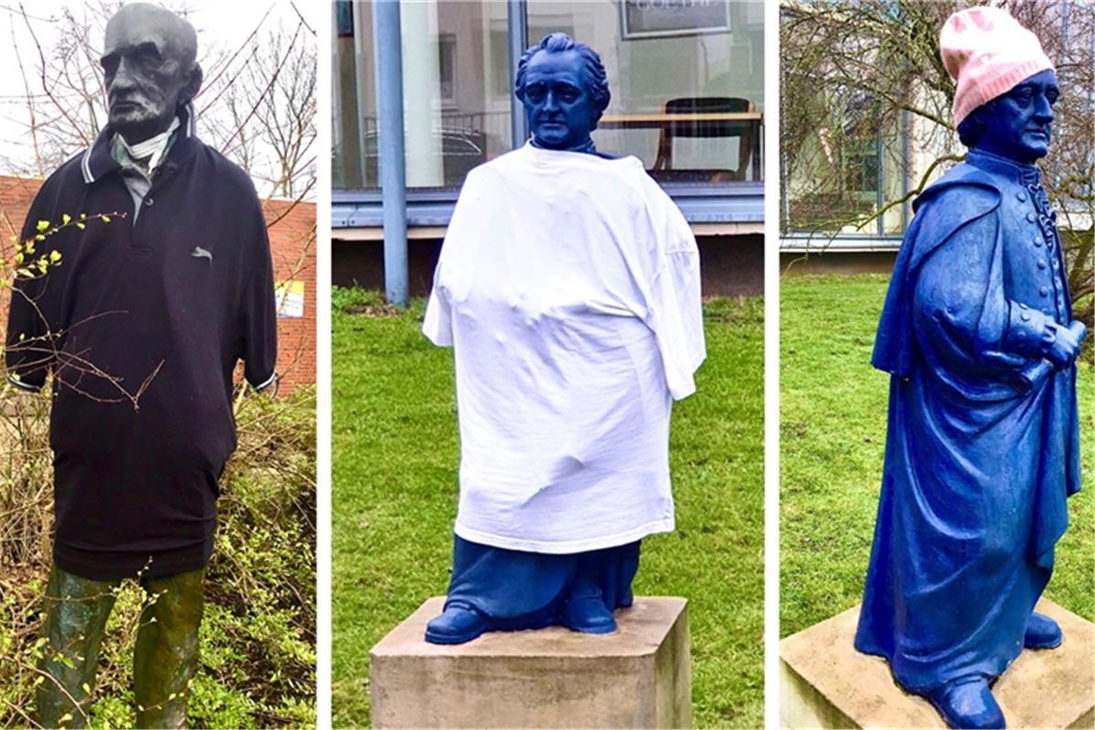 Ungebremste Verkleidungslust tobt sich an Bremerhavens Dichter- und Denker-Skulpturen aus: Ernst Barlach und Johann Wolfgang von Goethe im neuen Outfit.