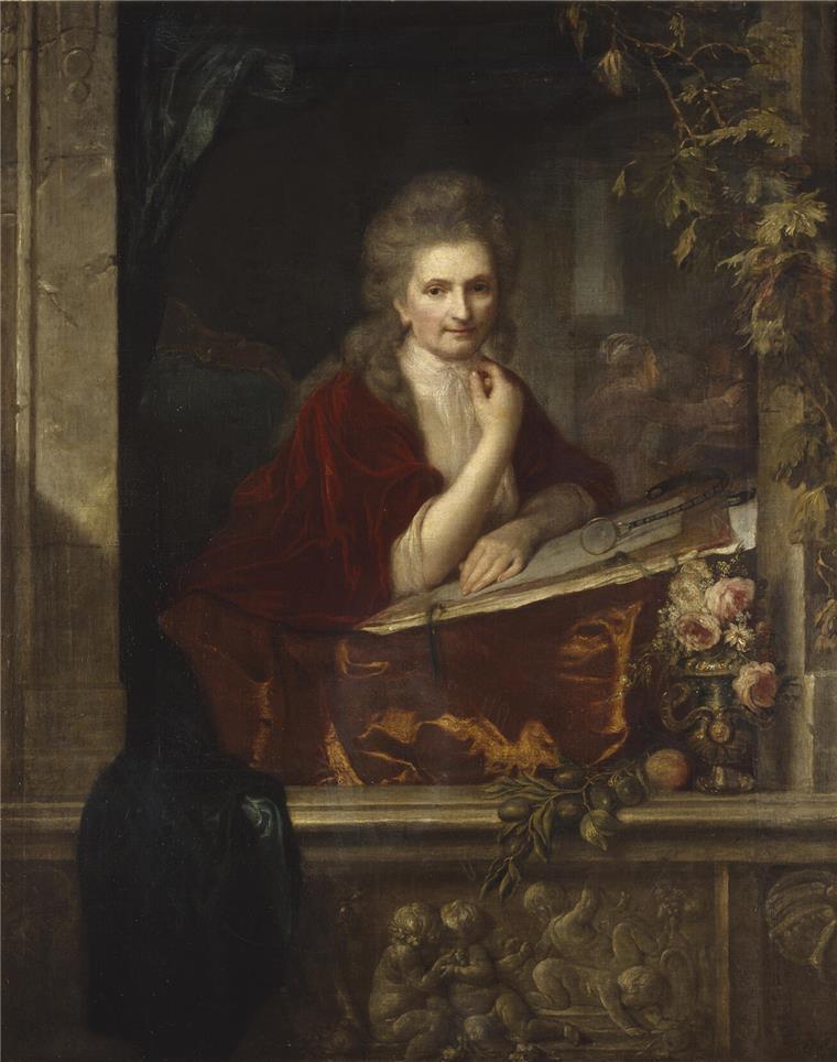 Ungeschönt, ihr Alter nicht verheimlichend, malt sich um 1776 die fast 60-jährige Anna Dorothea Therbusch. Die Künstlerin sitzt hinter dem Fenster mit einer Skizzenmappe auf den Knien, darauf ein Blatt Papier und ein Einglas - ein Verweis auf ihre Sehschwäche.
