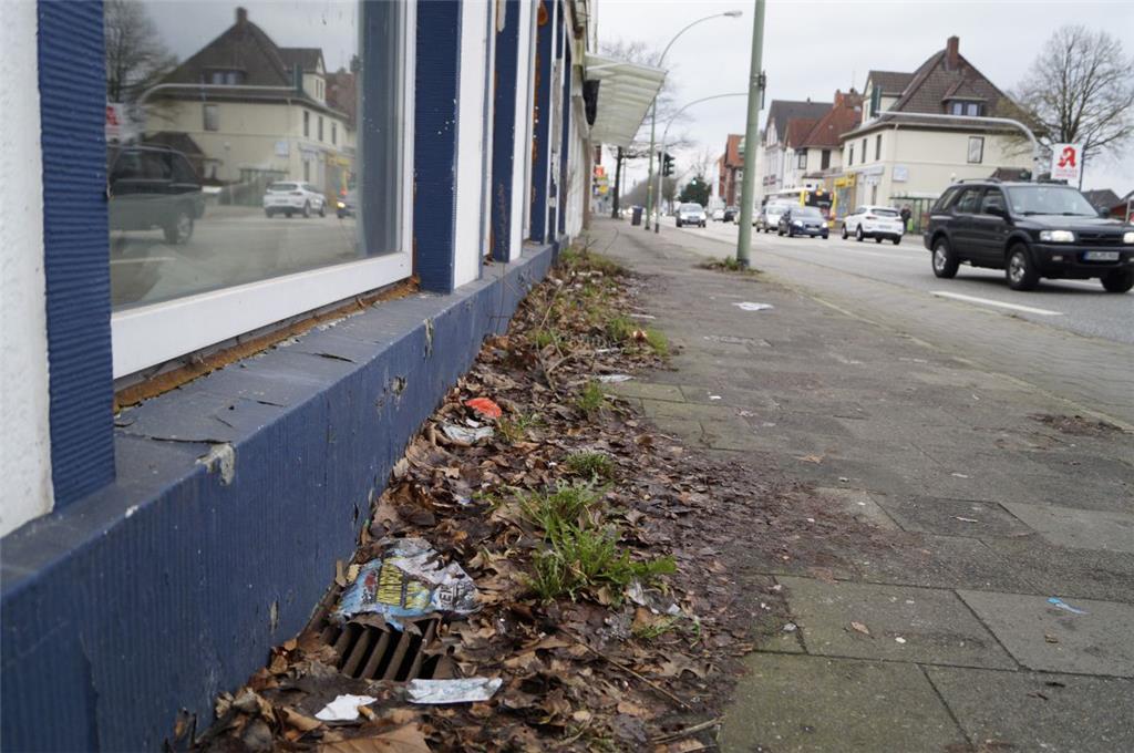 Unkraut und Verpackungen in der Weserstraße. Foto: Hinkelmann