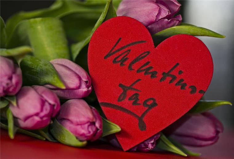 Tulpen mit einem Herz, auf dem Valentinstag steht. 