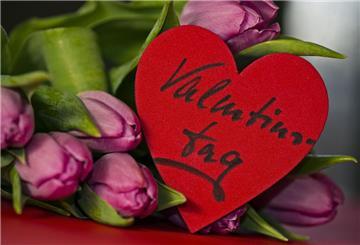 Tulpen mit einem Herz, auf dem Valentinstag steht. 
