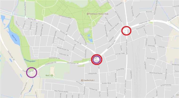 Verkehrsprobleme in Bremerhaven: Am Donnerstag ab 6 Uhr und am Freitag wird die Cherbourger Straße zunächst zwischen der Wurster Straße und der Alfred-Wegener-Straße gesperrt (lila Kreise). Von Samstag, 0 Uhr, bis einschließlich Sonntag, 22 Uhr, muss der Kreuzungsbereich Cherbourger Straße / Wurster Straße dann voll gesperrt werden. Die Vollsperrung erfolgt hafeneinwärts ab Langener Landstraße (rote Kreise).