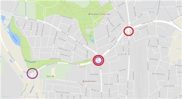 Verkehrsprobleme in Bremerhaven: Am Donnerstag ab 6 Uhr und am Freitag wird die Cherbourger Straße zunächst zwischen der Wurster Straße und der Alfred-Wegener-Straße gesperrt (lila Kreise). Von Samstag, 0 Uhr, bis einschließlich Sonntag, 22 Uhr, muss der Kreuzungsbereich Cherbourger Straße / Wurster Straße dann voll gesperrt werden. Die Vollsperrung erfolgt hafeneinwärts ab Langener Landstraße (rote Kreise).