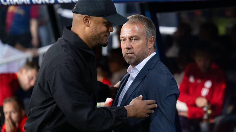 Wüterich Eberl als Bayern-Schutzschild nach Flick-Watschn Verlierer Vincent Kompany (l) und Triumphator Hansi Flick (r).