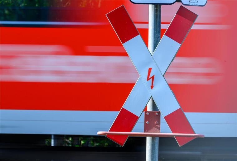 Ein Andreaskreuz an einem Bahnübergang. Im Hintergrund fährt ein Zug vorbei.