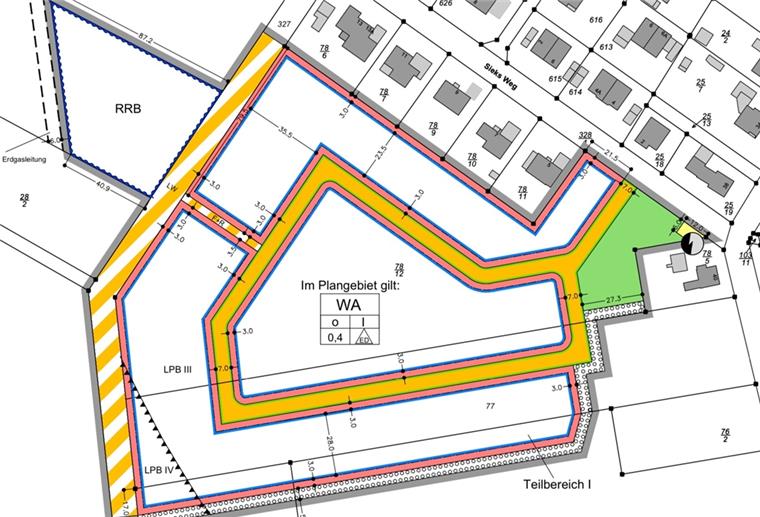 Geduld gefragt bei Baugebiet in Elsdorf Vom Sieks Weg aus wird die Zufahrt ins gleichnamige Neubaugebiet in Elsdorf erfolgen. Die Straße (gelb) zieht sich dann ringförmig durch das Areal.