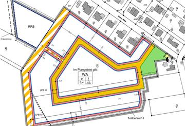 Vom Sieks Weg aus wird die Zufahrt ins gleichnamige Neubaugebiet in Elsdorf erfolgen. Die Straße (gelb) zieht sich dann ringförmig durch das Areal.