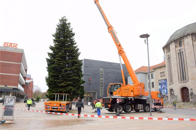 Bremerhaven: Riesentanne für Weihnachtsmarkt steht schon Vor dem Stadttheater in Bremerhaven ist am Mittwoch eine rund 17 Meter lange Tanne aufgestellt worden.